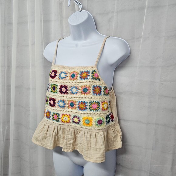 Tan Granny Square Crochet Tank Y2K Boho Hippie Granola Festival S - Picture 4 of 11